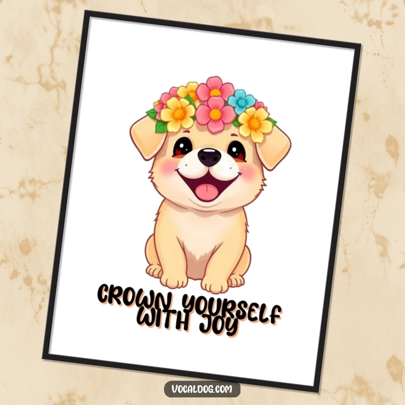 Funny Free Printable Wall Art: A dog wearing a lush flower crown, radiating pure, unadulterated happiness.