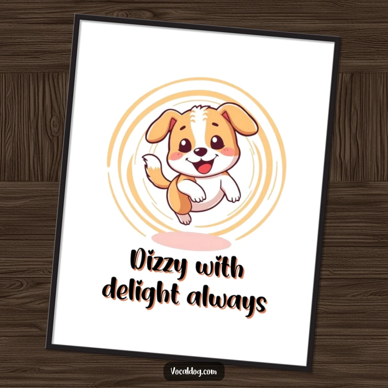 Funny Free Printable Wall Art: Dog happily chasing its tail in a dizzy circle, a downloadable piece of playful art.