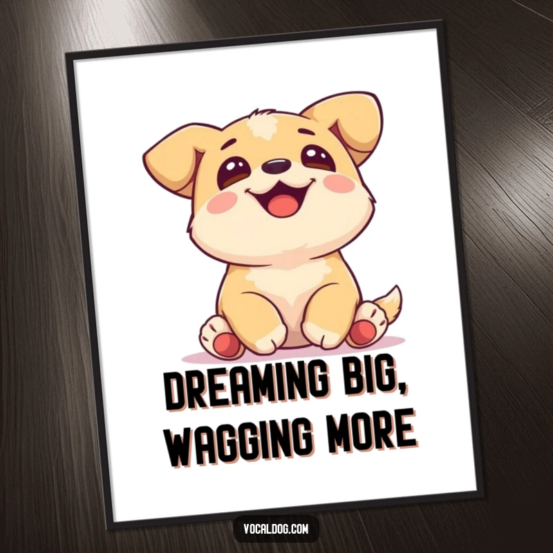 Funny Free Printable wall art of a joyful dog with paws tucked neatly, gazing upwards with happy anticipation.