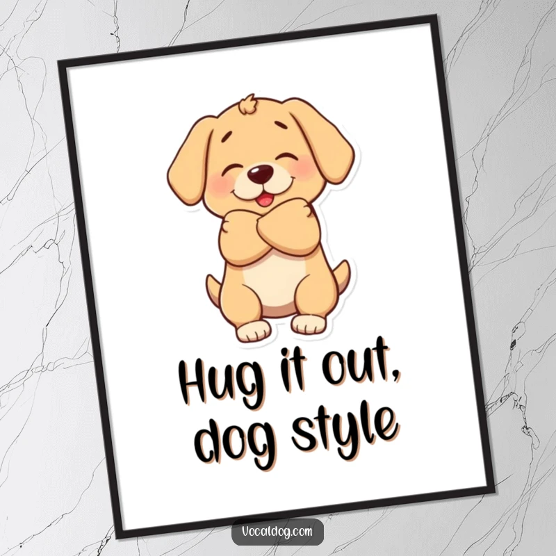Funny Free Printable Wall Art: A dog character giving a big, warm, and affectionate doggy hug, promoting feelings of comfort.