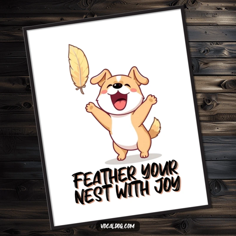 Funny Free Printable Wall Art of an excited dog barking and jumping enthusiastically for a floating feather.
