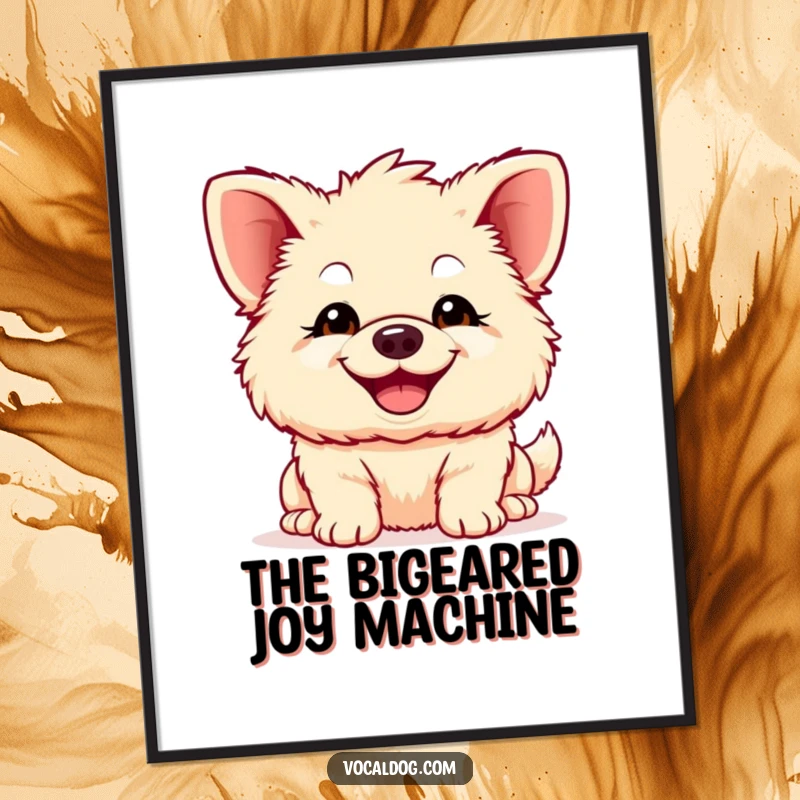 Funny Free Printable Wall Art: A lovable fluffy dog with comically large ears and an enormous, infectious grin, radiating pure happiness.