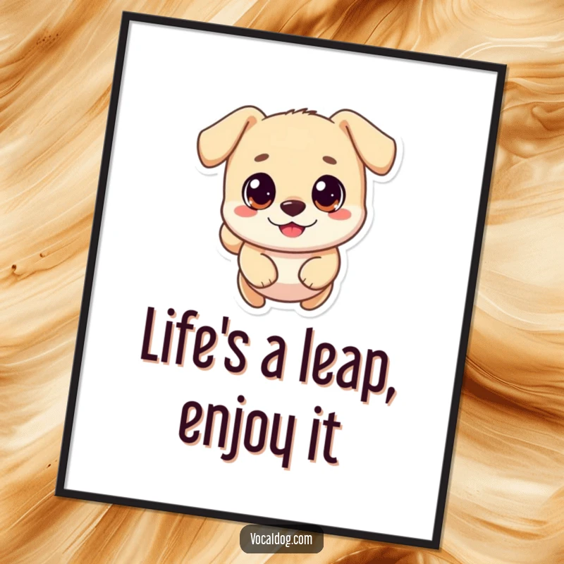 Funny Free Printable Wall Art of a small, round dog with big happy eyes captured mid-bounding leap.