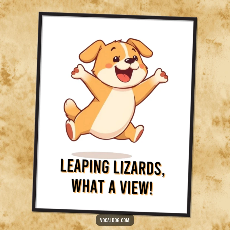 Funny Free Printable Wall Art: A dog character caught mid-leap, radiating pure delight and boundless energy against a simple background.