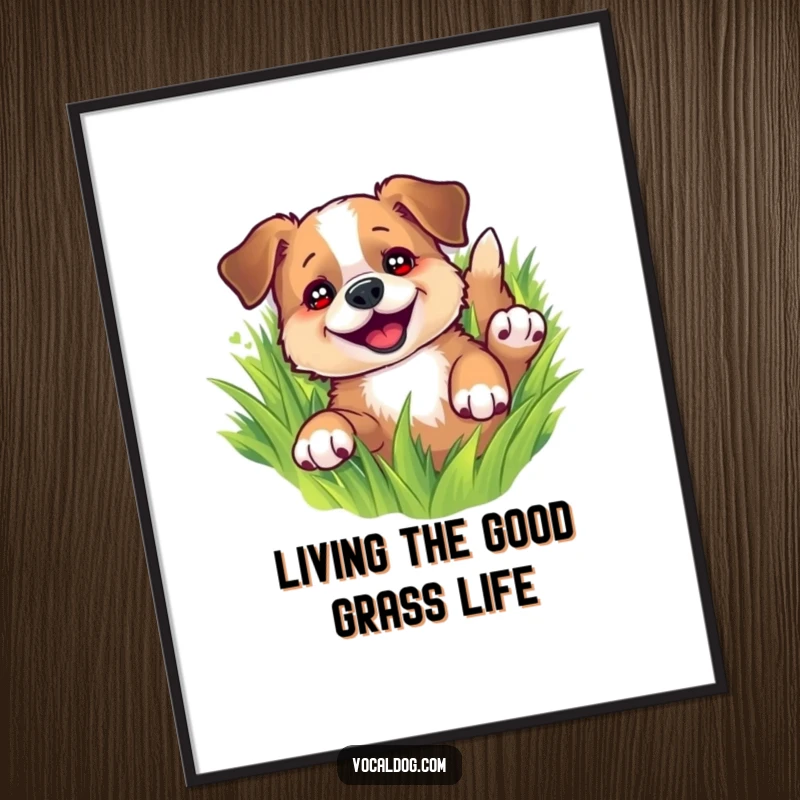 Free Printable wall art: a dog ecstatically rolling on its back in vibrant green grass, embodying pure, uninhibited joy.