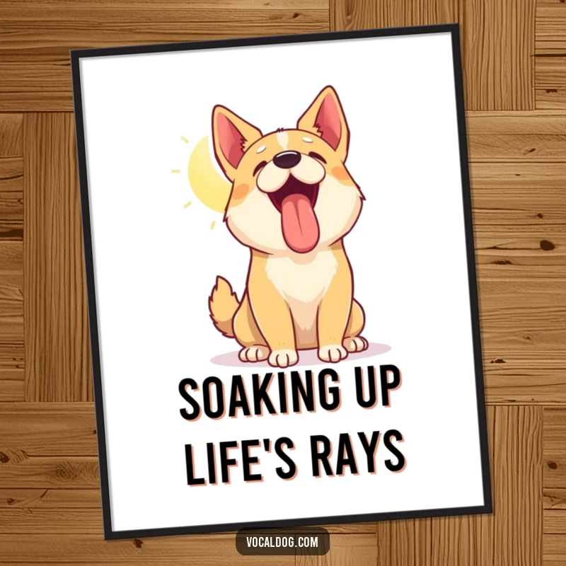 Free Printable wall art: a cheerful dog panting happily with its head tilted up, enjoying the warmth of the sun.