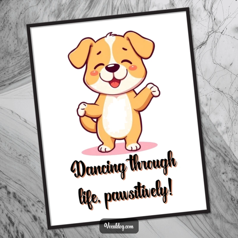 Funny Free Printable Wall Art, an illustration of a happy dog character doing a joyful jig with its paws in the air.