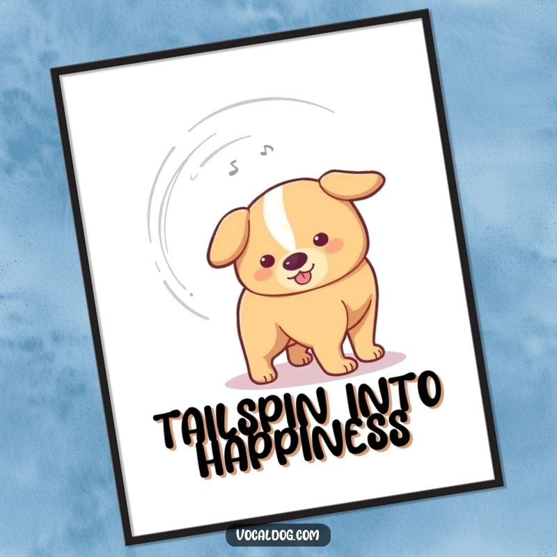 Funny Free Printable Wall Art: Depicts a dog whose extremely fast tail wag creates a comical, small swirling vortex.