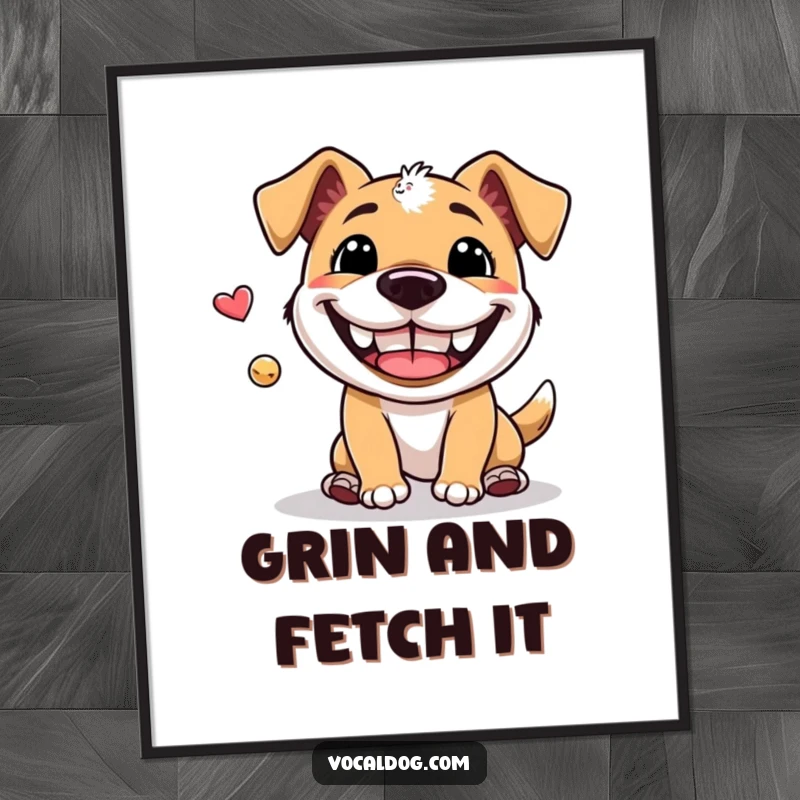 Funny Free Printable Wall Art: a dog with an enormous grin playing fetch, adding humor to any room.