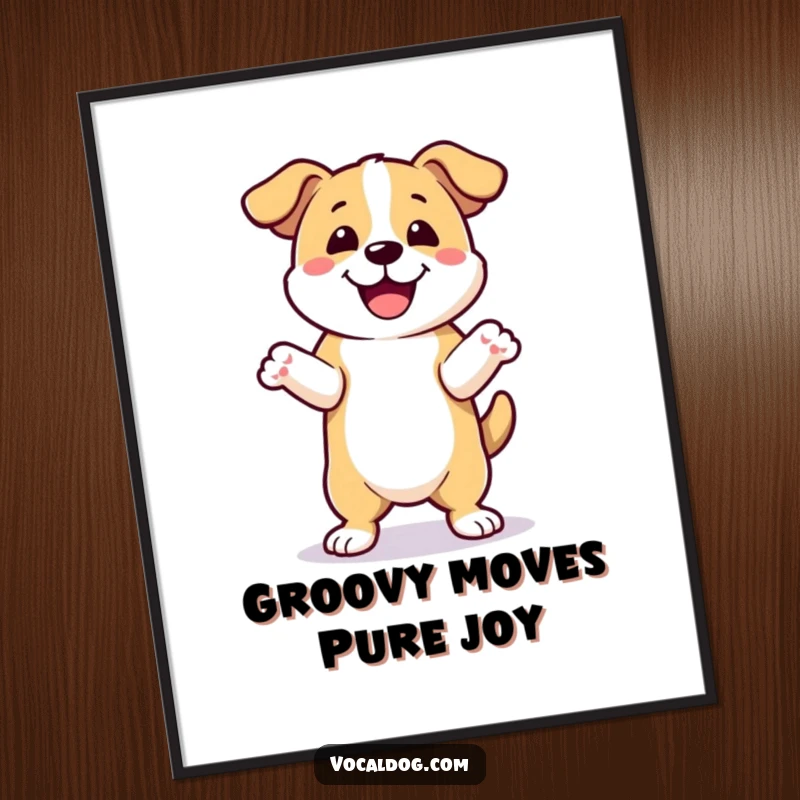 Funny Free Printable Wall Art: A dog is captured doing an ecstatic happy dance, with front paws lifted high in a moment of pure joy. Downloadable.