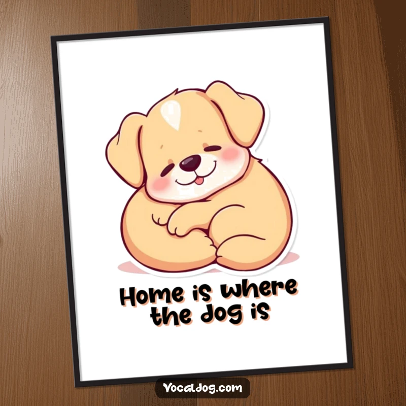 Funny Free Printable Wall Art of a dog curled up, letting out a deep, contented sigh, radiating ultimate comfort and peace.