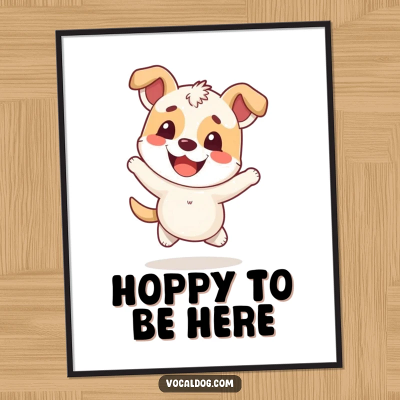 Funny Free Printable Wall Art: A dog with an overwhelmingly cheerful expression caught mid-hop, full of joy.