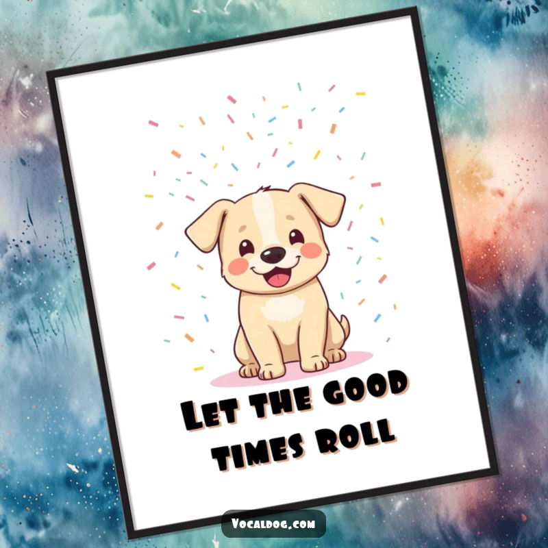 Funny Free Printable Wall Art: An ecstatic dog is joyfully showered with confetti, creating a vibrant and hilarious piece of decor. Downloadable.