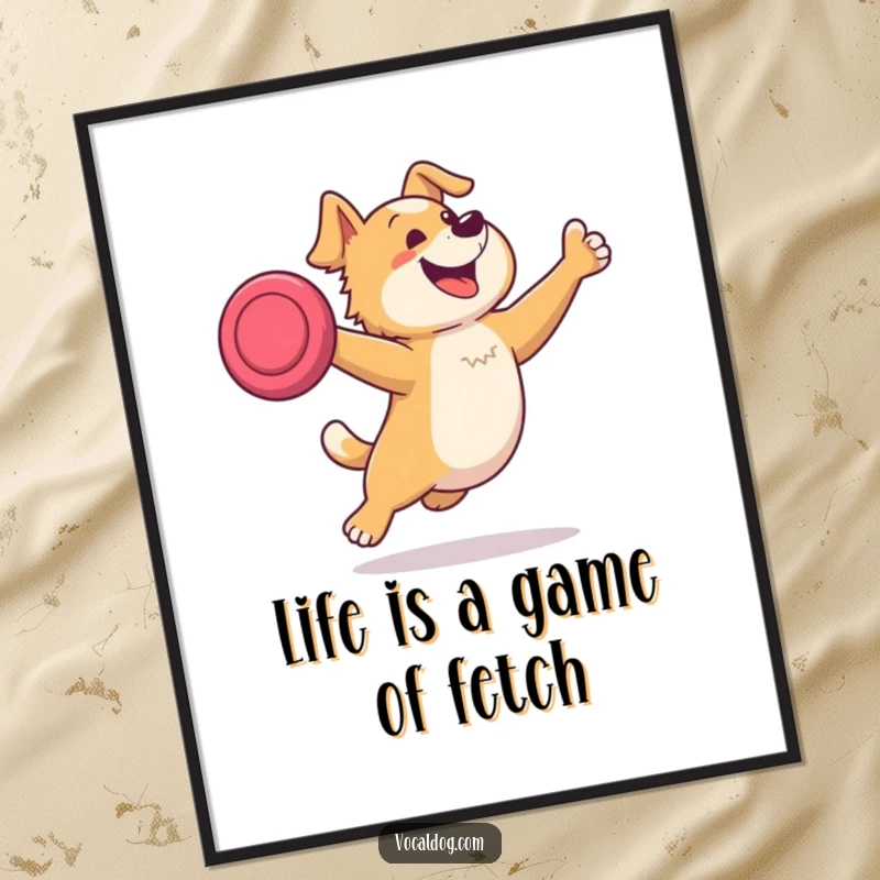 Funny Free Printable Wall Art: A happy dog leaping dynamically to catch a flying frisbee with great enthusiasm.