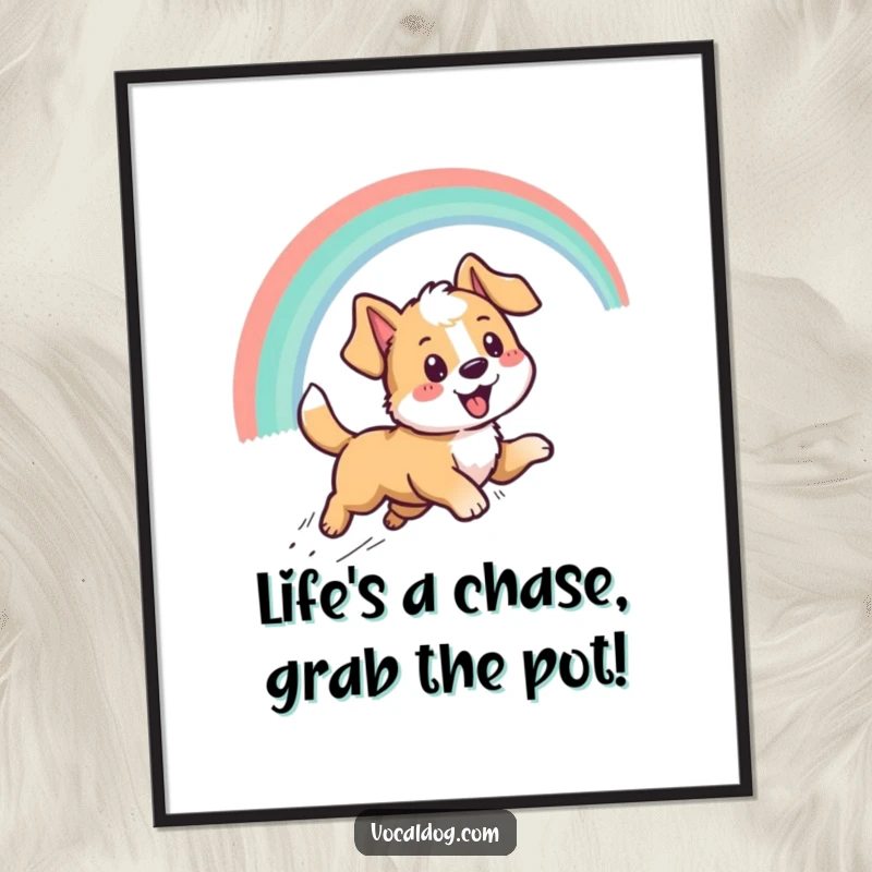 Funny Free Printable Wall Art: A joyful dog energetically chases a magical rainbow arc across a whimsical background.