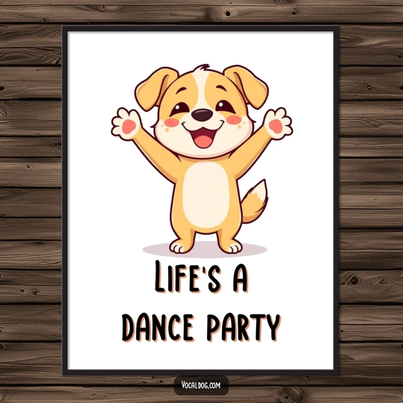 Funny Free Printable Wall Art: A happy dog performs a lively dance with paws up, perfect downloadable decor for dog lovers.
