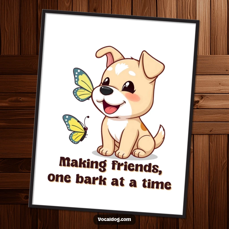 Funny free printable wall art depicting a dog cheerfully barking at a butterfly.