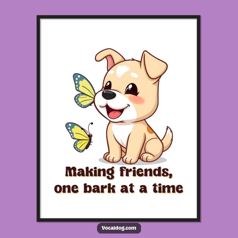 Free Printable Wall Art: Dog Barks Happily at Butterfly Friend