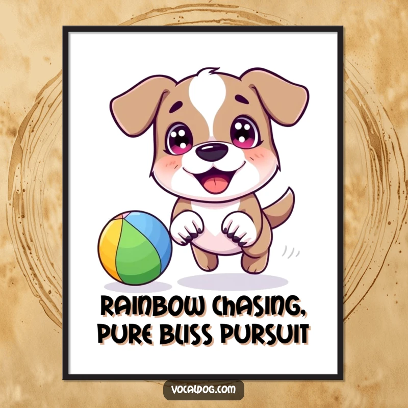 Funny Free Printable Wall Art: Illustration of a happy dog with bright eyes, playfully chasing a vibrant rainbow-colored ball.