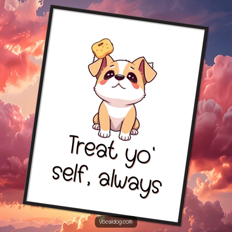 Funny free printable wall art of a dog gazing upwards with adoration at a floating treat.