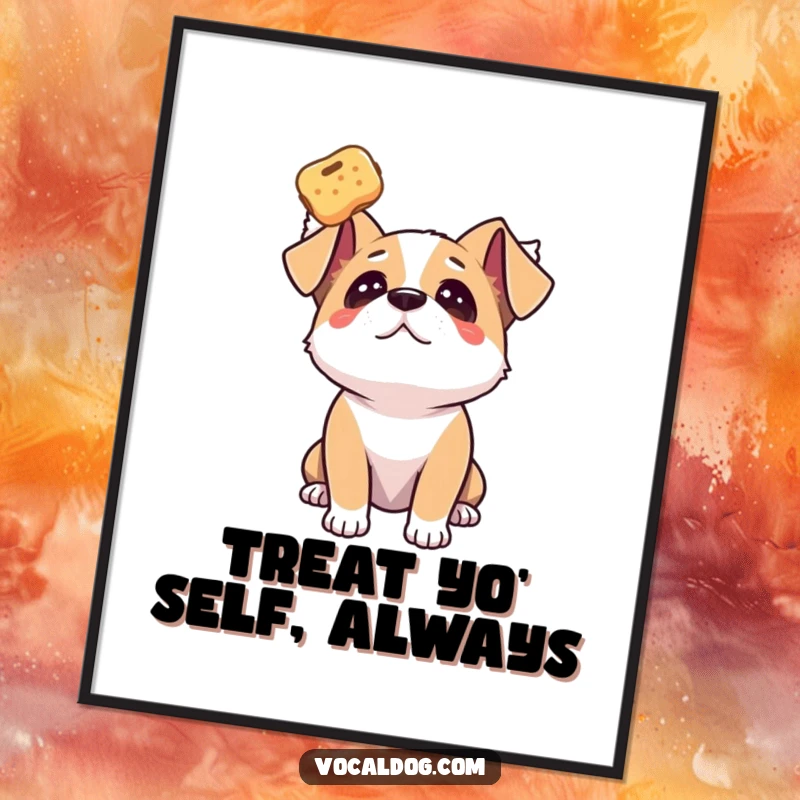 Funny free printable wall art of a dog gazing upwards with adoration at a floating treat.
