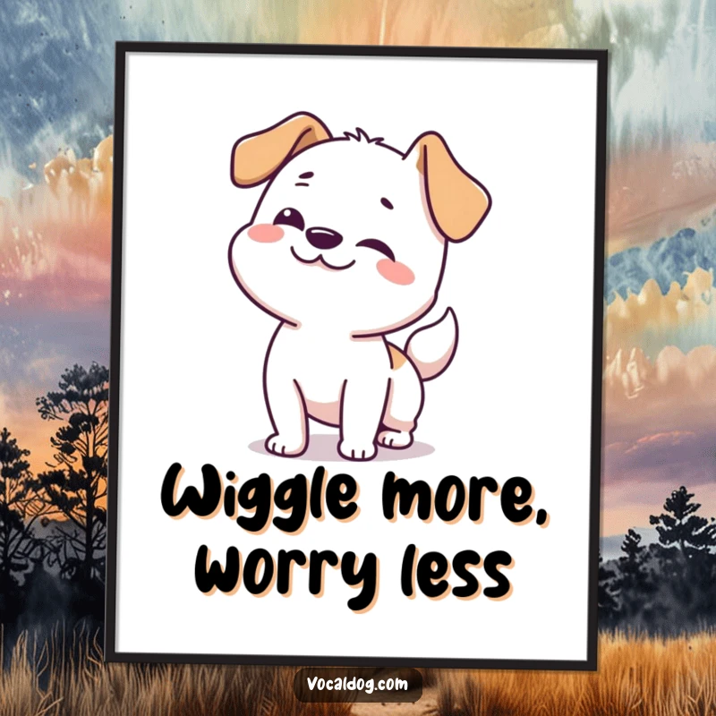Funny free printable wall art depicting a dog doing a full-body happy wiggle.