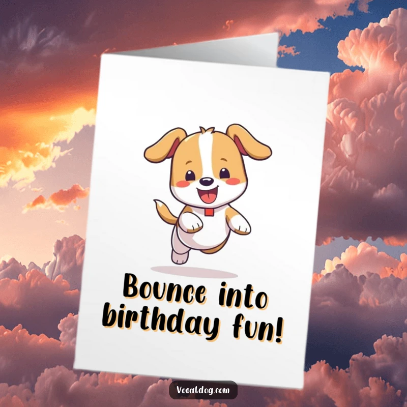 Funny Free Printable Dog Birthday Card: a dog happily bouncing with carefree abandon, ideal for a DIY birthday greeting.