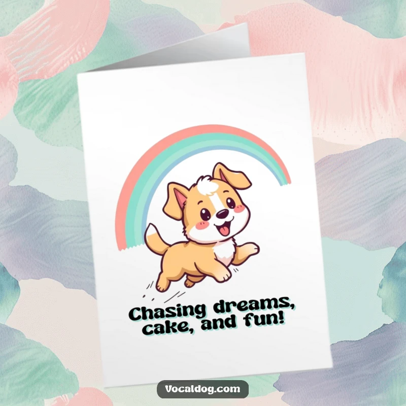 Funny Free Printable Birthday Card: Energetic dog leaping joyfully after a vibrant rainbow arc, embodying pure birthday optimism.