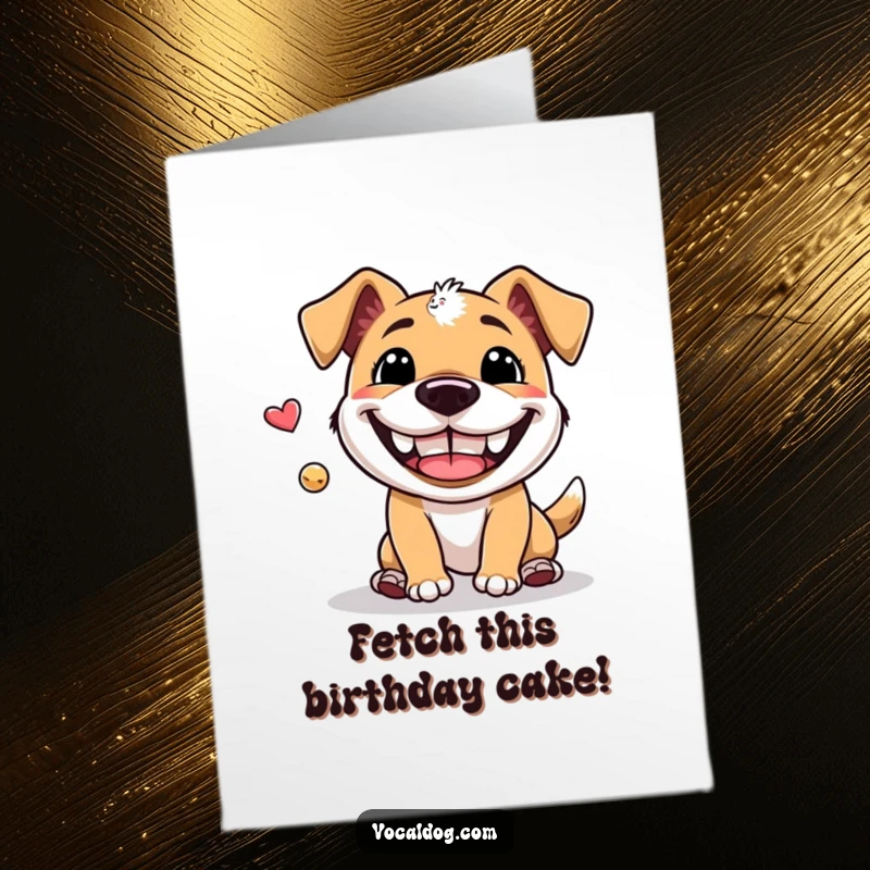 Funny Free Printable Dog Birthday Card: a happy dog playing fetch with a huge grin, ideal for a DIY gift.