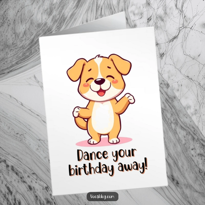 Funny Free Printable Birthday Card, a happy dog character energetically dancing a jig with its paws up in celebration.