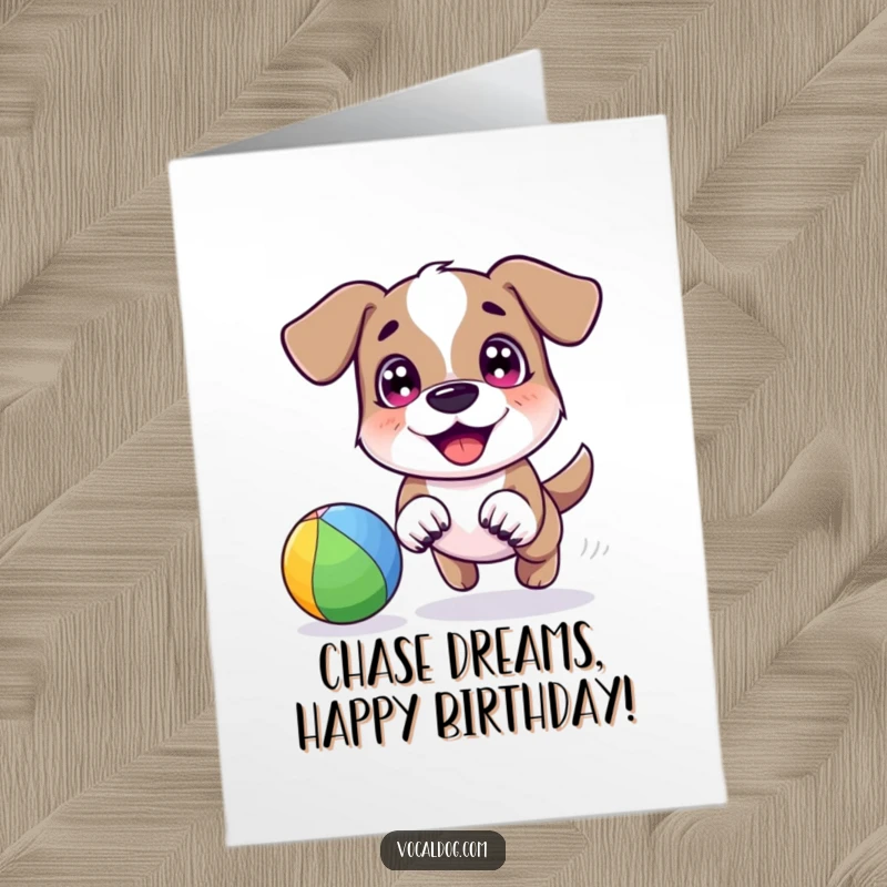 Funny Free Printable Birthday Card: A dog with bright eyes, joyfully chasing a vibrant rainbow-colored ball.