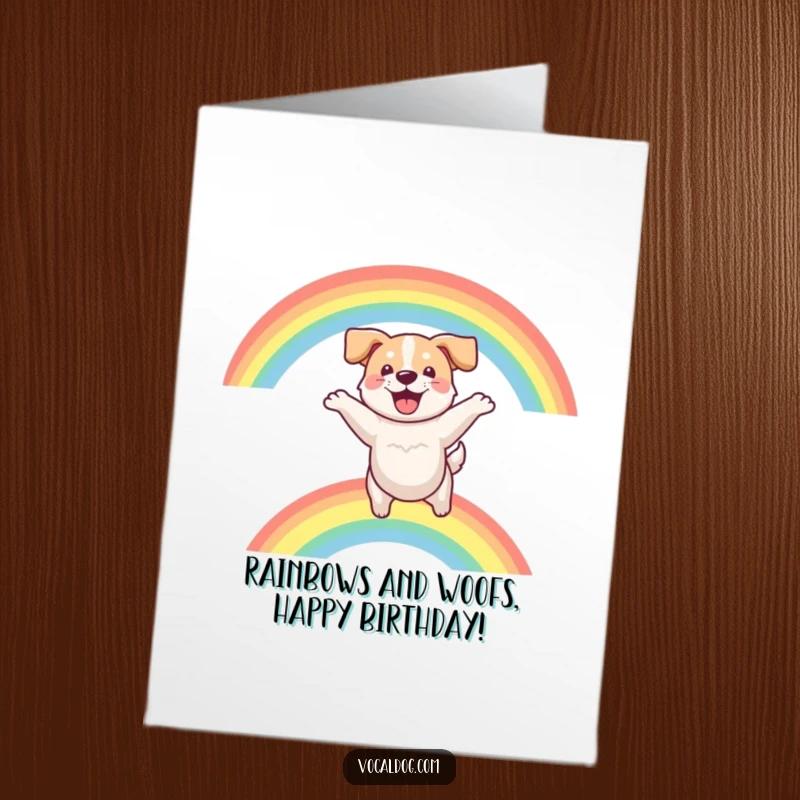 Funny Free Printable Birthday Card: Joyful dog leaps through a vibrant rainbow, spreading happiness.