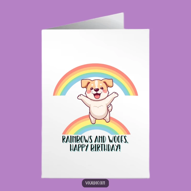 Free Printable Birthday Card: Dog Rainbow Leap Funny Downloadable Gift