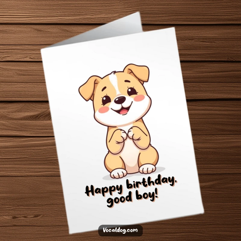 Funny Free Printable Birthday Card: A dog sitting perfectly upright with paws together, striking a hilariously happy and polite pose.