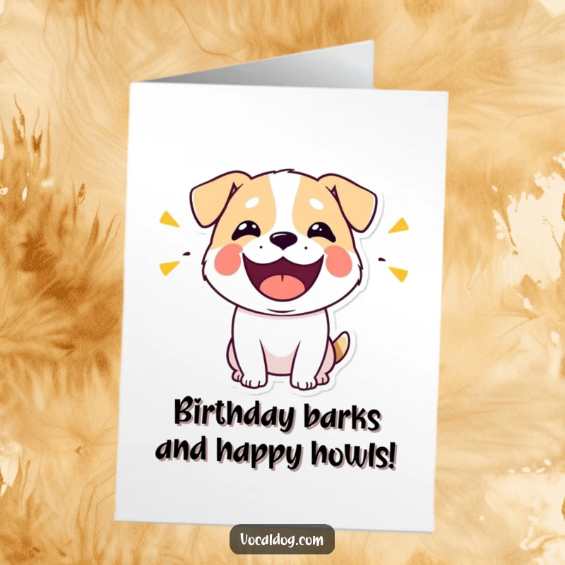 Funny Free Printable Birthday Card: Stylized dog joyfully barks, mouth wide open, emitting happy sound waves.