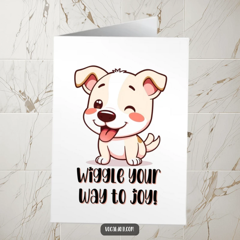Funny Free Printable Birthday Card of a dog doing an ecstatic, full-body wiggle of pure happiness from nose to tail.