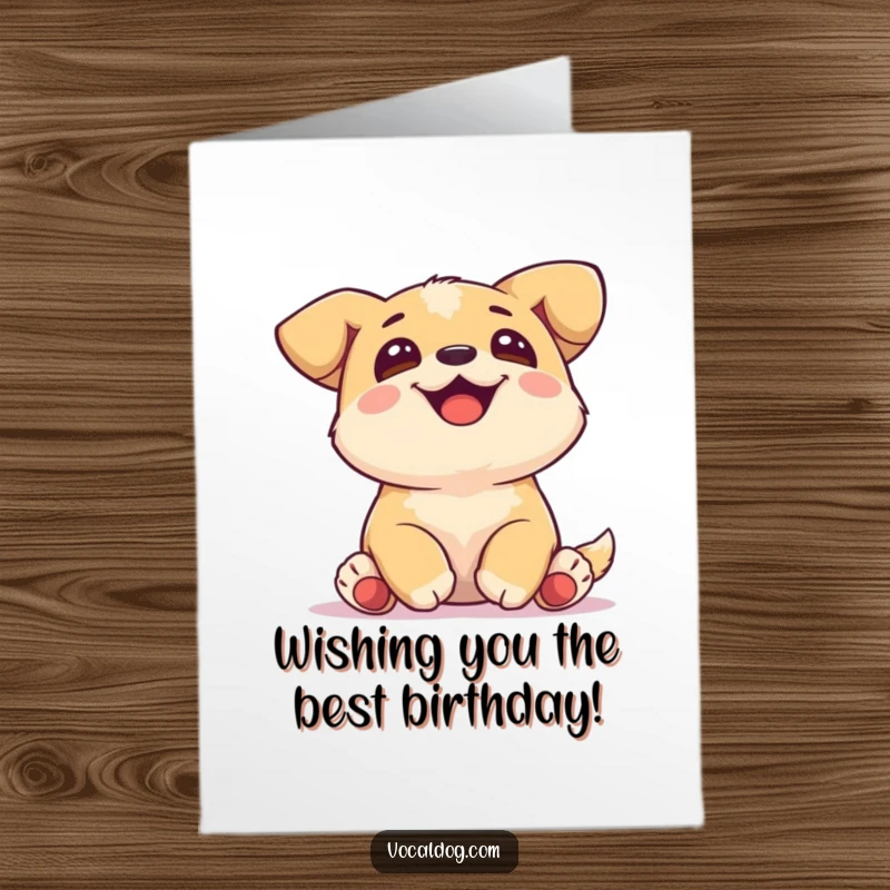 Funny Free Printable birthday card of a joyful dog with paws tucked, gazing upwards with hopeful excitement.