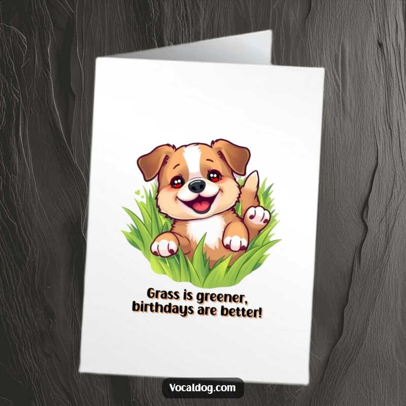 Funny Free Printable birthday card showing a dog ecstatically rolling in green grass, eyes wide with pure joy.