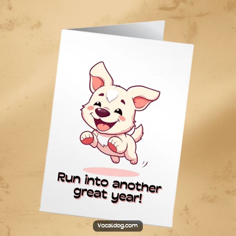 Funny Free Printable birthday card of a dog joyfully running with ears flapping wildly in the wind, full of energy.