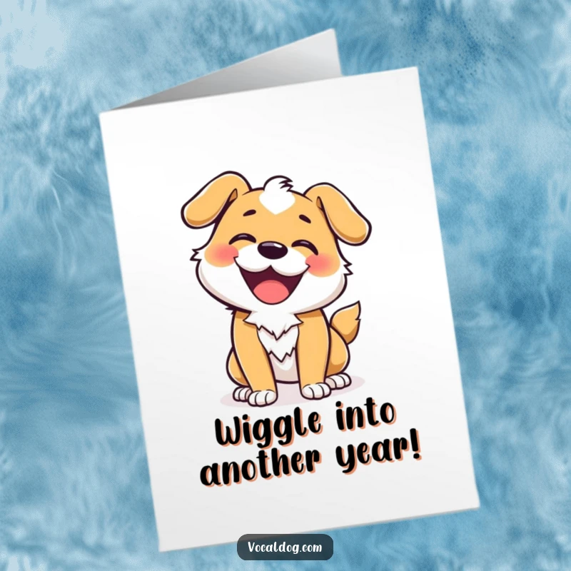 Funny Free Printable Birthday Card featuring a happy dog character doing an energetic, ecstatic wiggle.