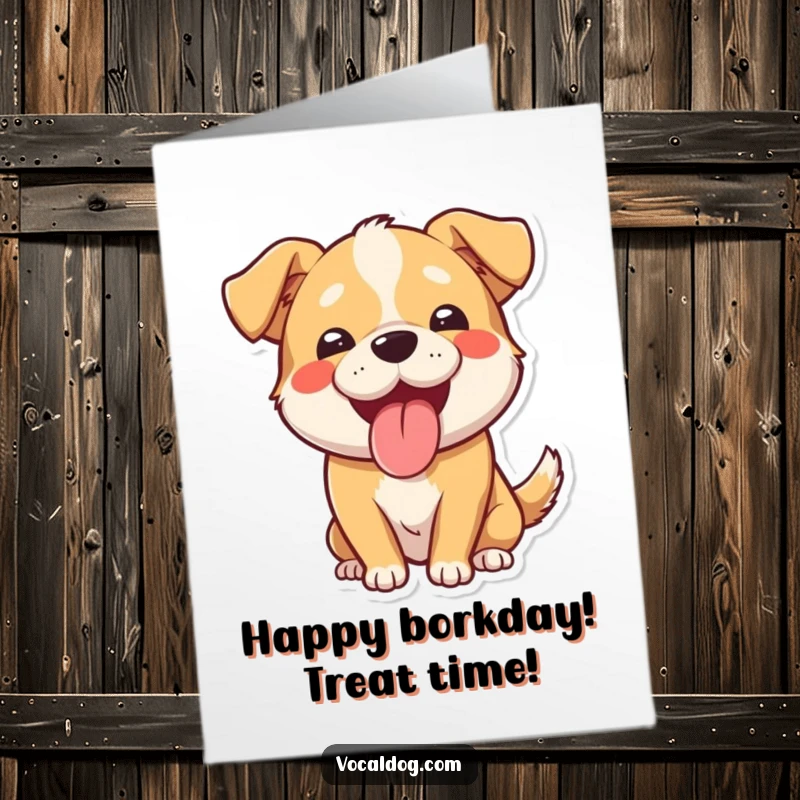 Funny Free Printable Birthday Card featuring a happy dog with its tongue out, panting gleefully with a wide, beaming smile, a DIY gift.