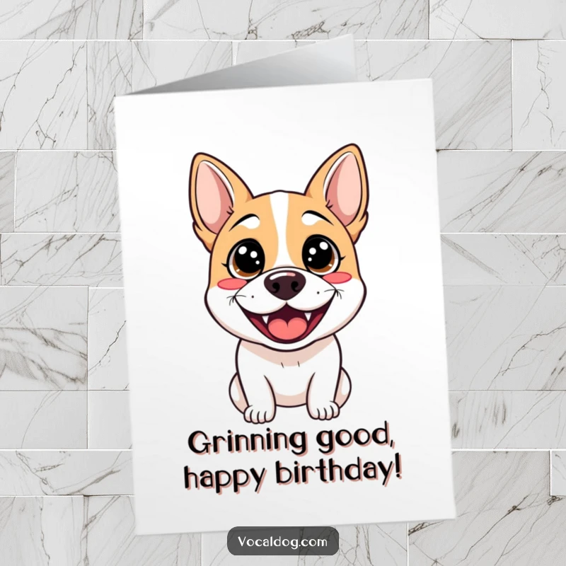Funny Free Printable Birthday Card: A dog with dazzling sparkling eyes and a massive, infectious grin, radiating pure birthday joy.