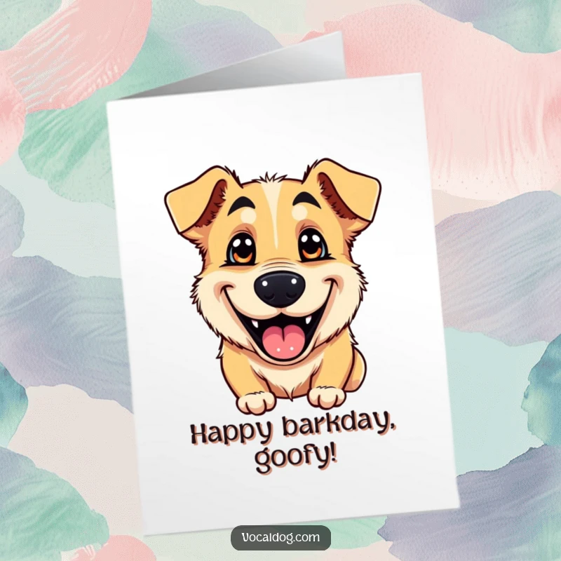 Funny Free Printable Birthday Card featuring a dog with an enormous, goofy grin and sparkling, happy eyes.