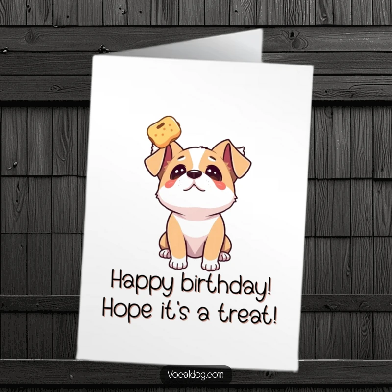 Funny free printable birthday card of a dog gazing upwards at a floating treat.