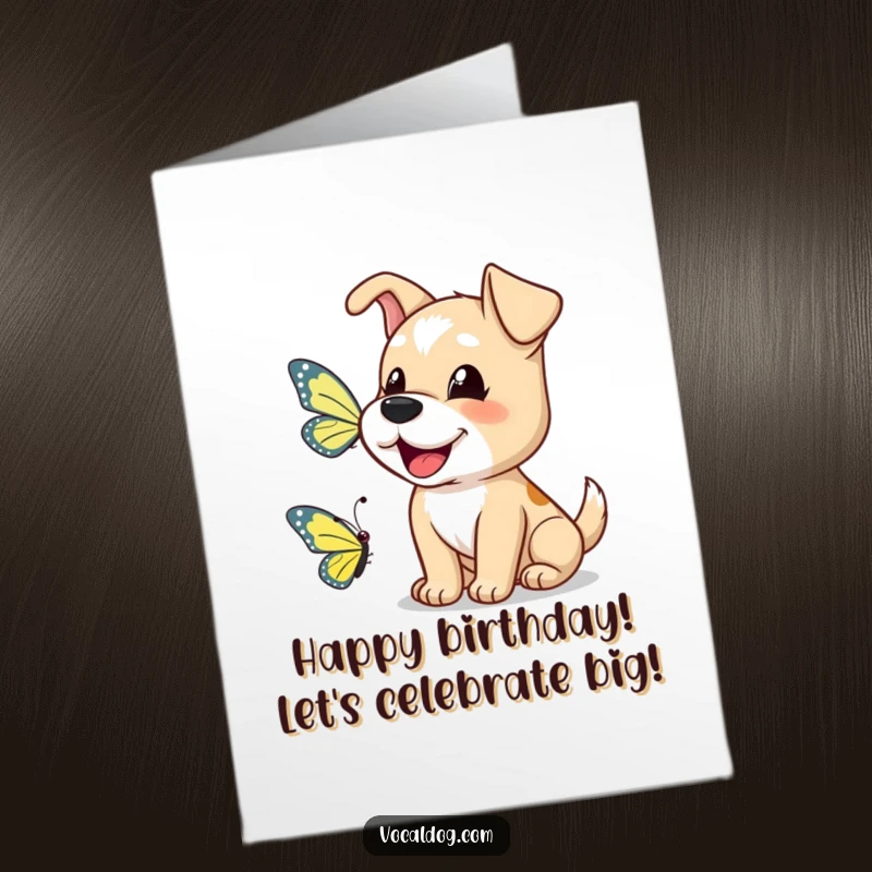 Funny free printable birthday card of a dog cheerfully barking at a butterfly.