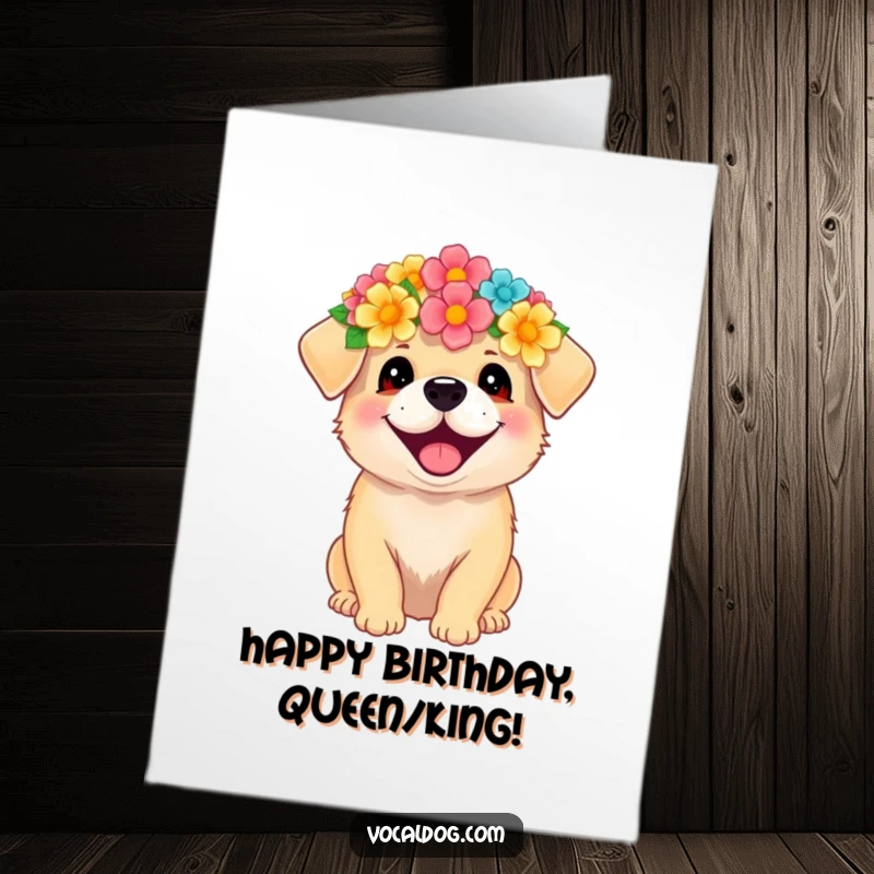 Funny Free Printable Birthday Card: A dog adorned with a vibrant flower crown, radiating pure birthday bliss.