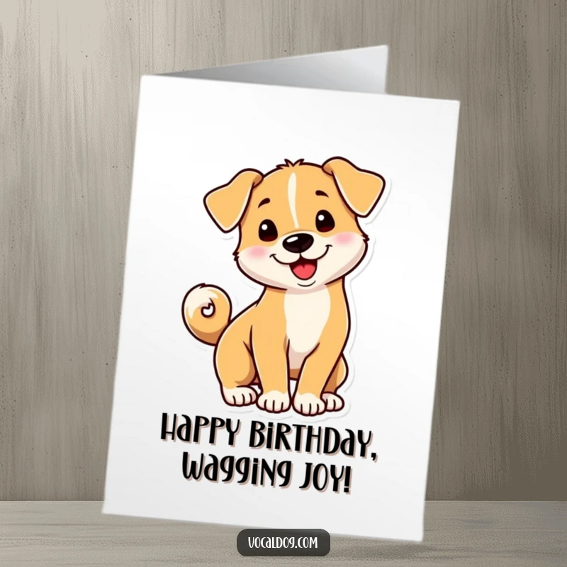 Funny Free Printable Birthday Card: A playful dog with its tail curled into a tight, happy spiral, showing pure excitement.
