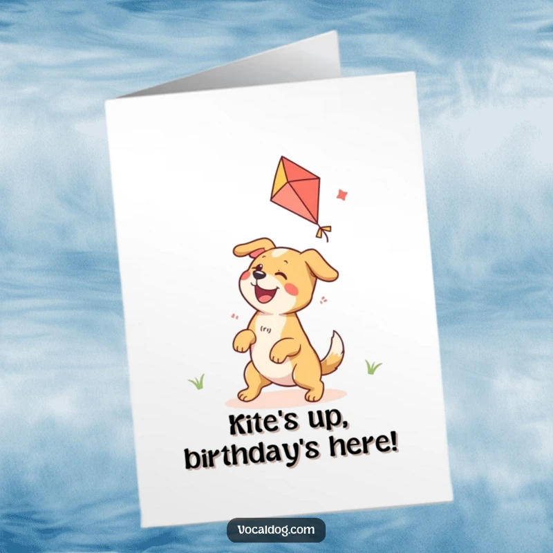 Funny Free Printable Birthday Card: Ecstatic dog gleefully playing with a colorful kite, capturing pure joy.