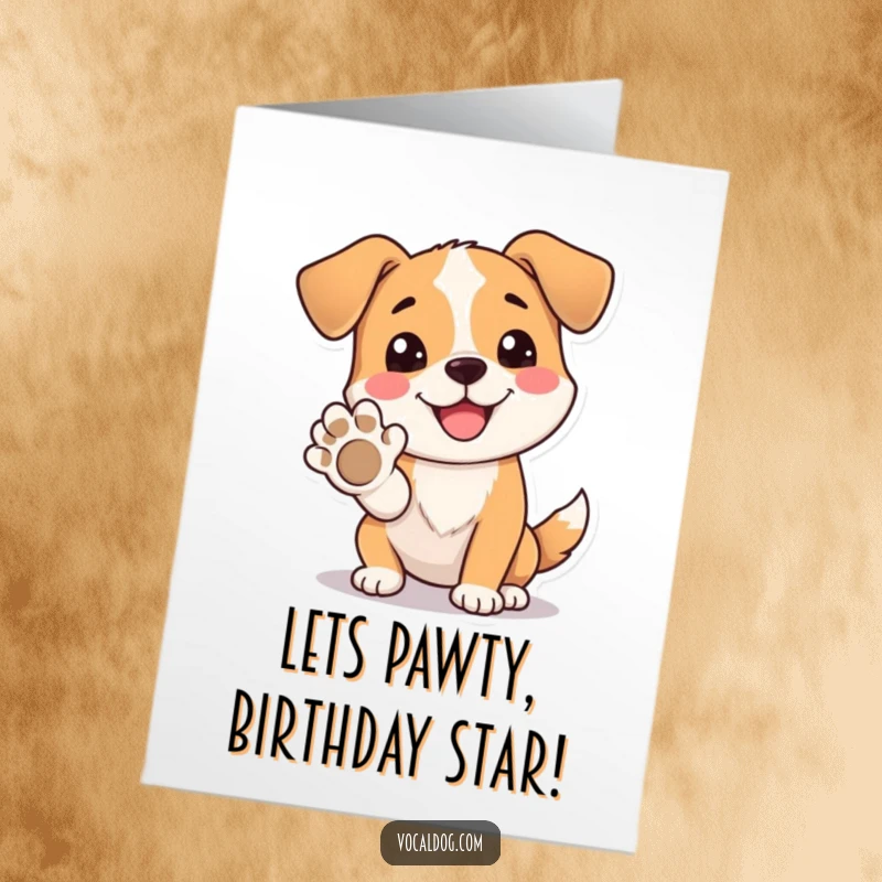 Funny Free Printable Birthday Card of a dog offering its paw with a wide, beaming, happy expression.