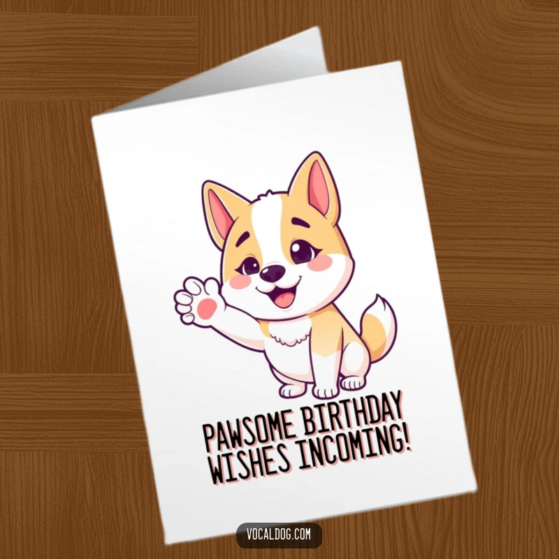 Funny Free Printable Birthday Card: a happy dog with an outstretched paw, offering a warm, friendly gesture for a joyous occasion.